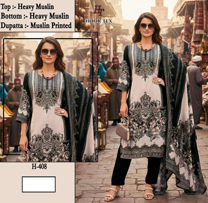 H 405 - 413 Hoor Tex Muslin Pakistani Readymade Suits Wholesale