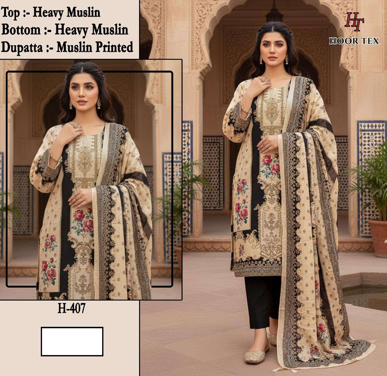 H 405 - 413 Hoor Tex Muslin Pakistani Readymade Suits Wholesale