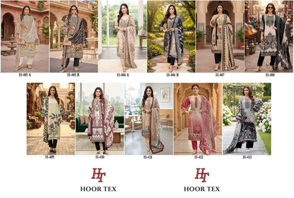 H 405 - 413 Hoor Tex Muslin Pakistani Readymade Suits Wholesale