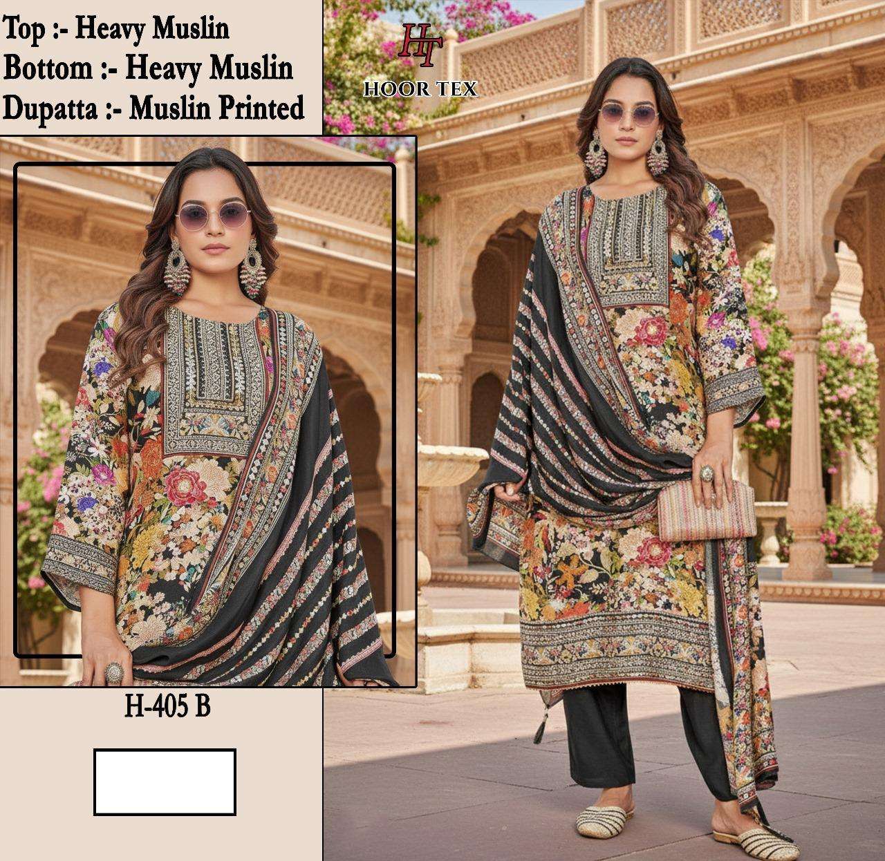 H 405 - 413 Hoor Tex Muslin Pakistani Readymade Suits Wholesale
