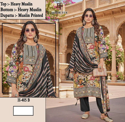 H 405 - 413 Hoor Tex Muslin Pakistani Readymade Suits Wholesale