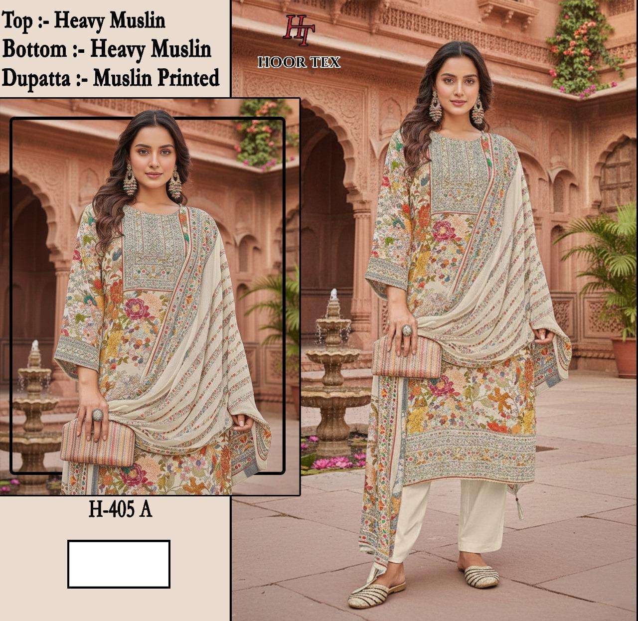 H 405 - 413 Hoor Tex Muslin Pakistani Readymade Suits Wholesale