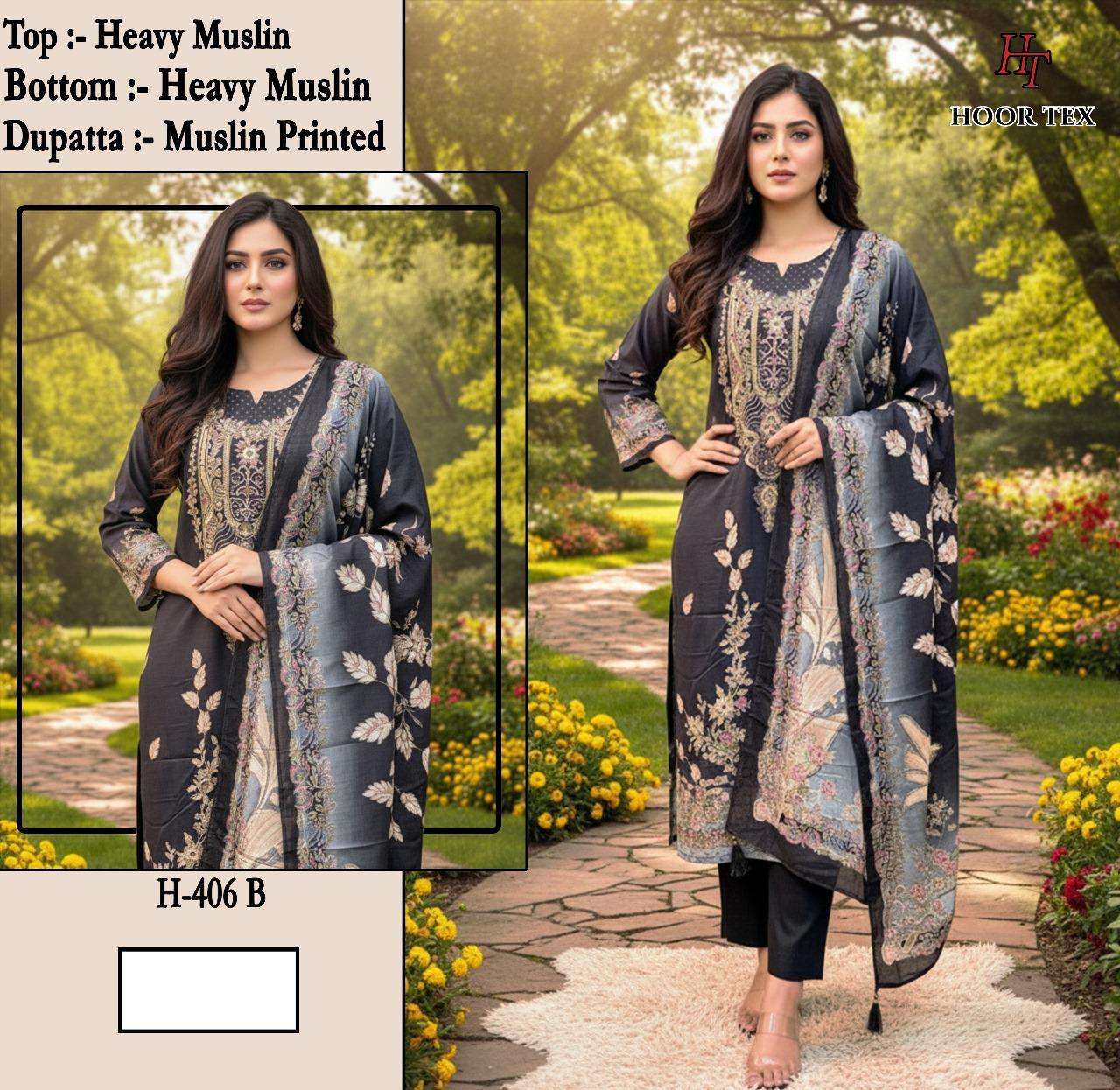 H 405 - 413 Hoor Tex Muslin Pakistani Readymade Suits Wholesale