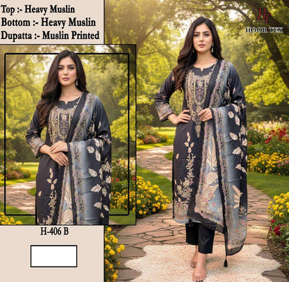 H 405 - 413 Hoor Tex Muslin Pakistani Readymade Suits Wholesale