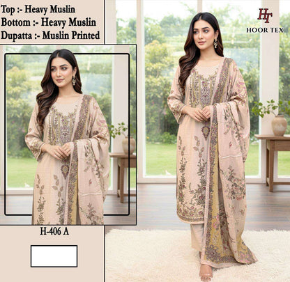 H 405 - 413 Hoor Tex Muslin Pakistani Readymade Suits Wholesale