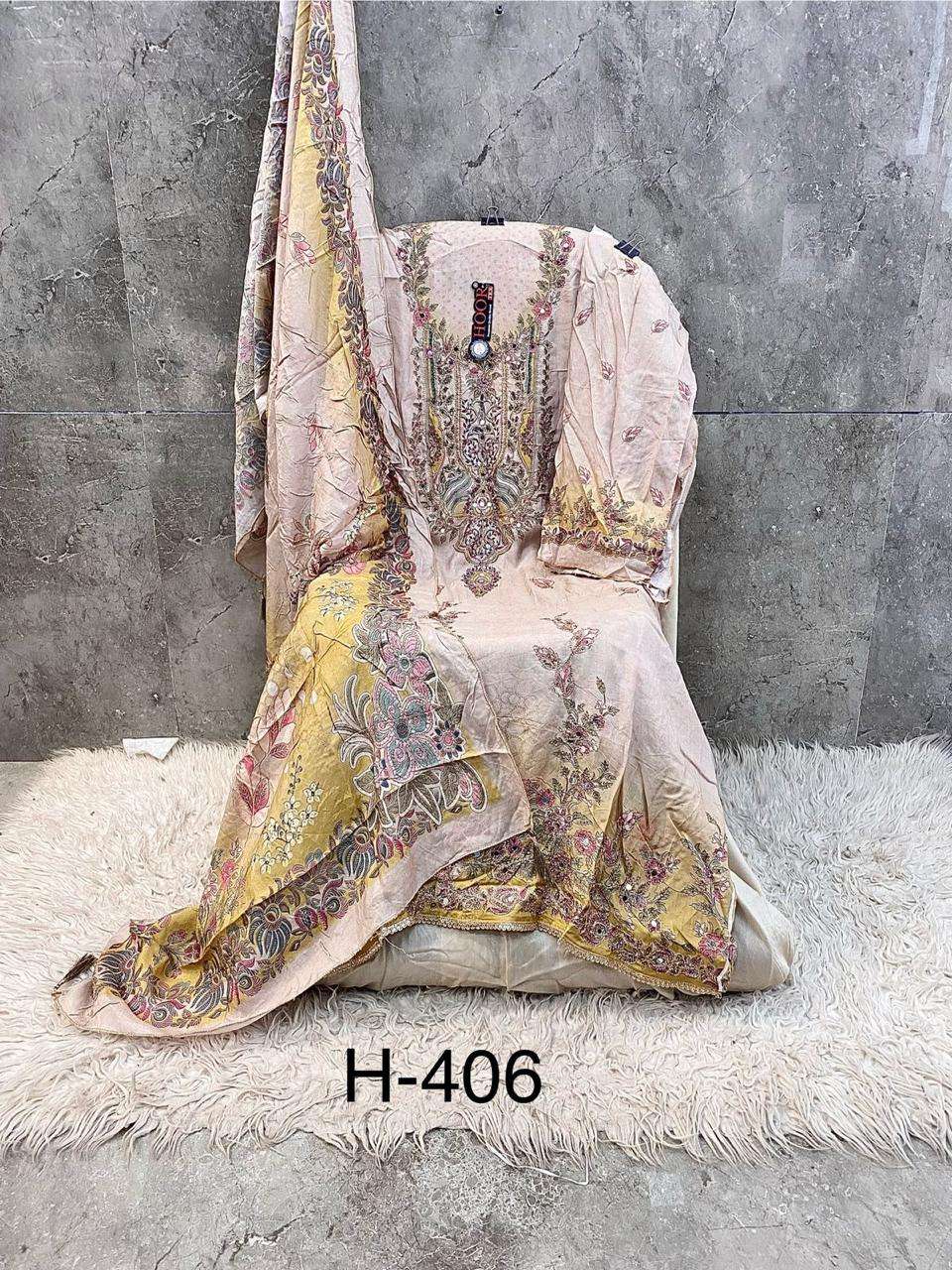 H 405 - 413 Hoor Tex Muslin Pakistani Readymade Suits Wholesale
