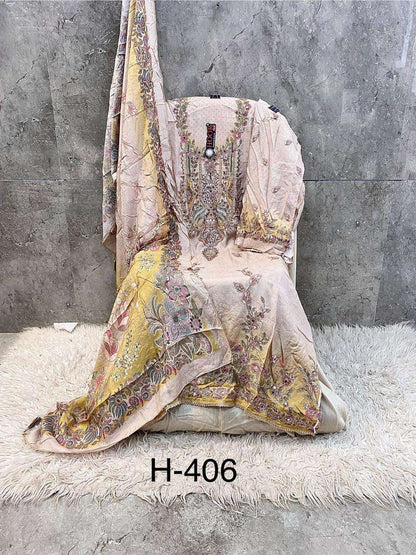 H 405 - 413 Hoor Tex Muslin Pakistani Readymade Suits Wholesale
