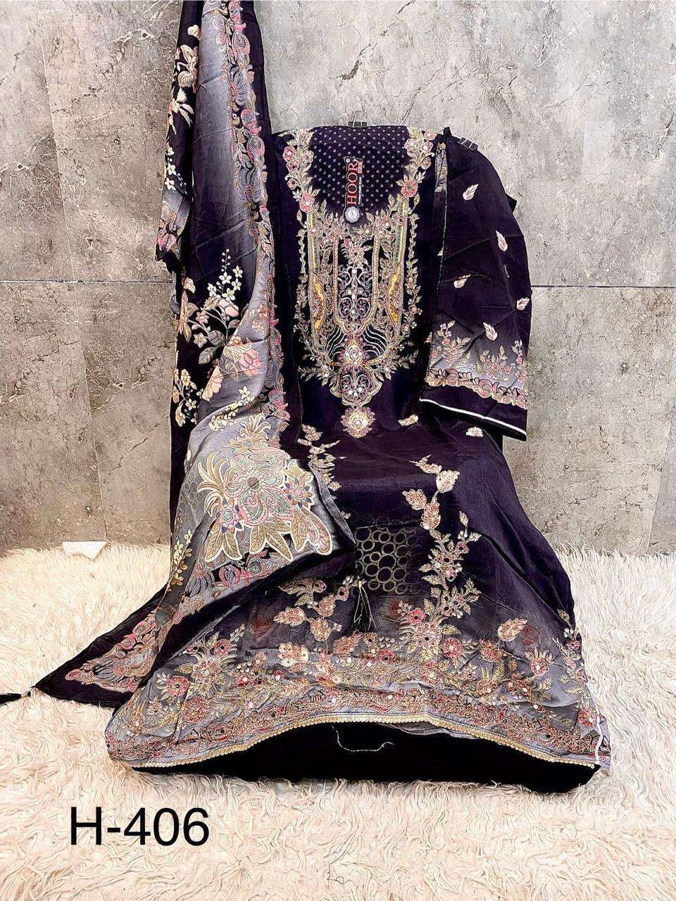 H 405 - 413 Hoor Tex Muslin Pakistani Readymade Suits Wholesale