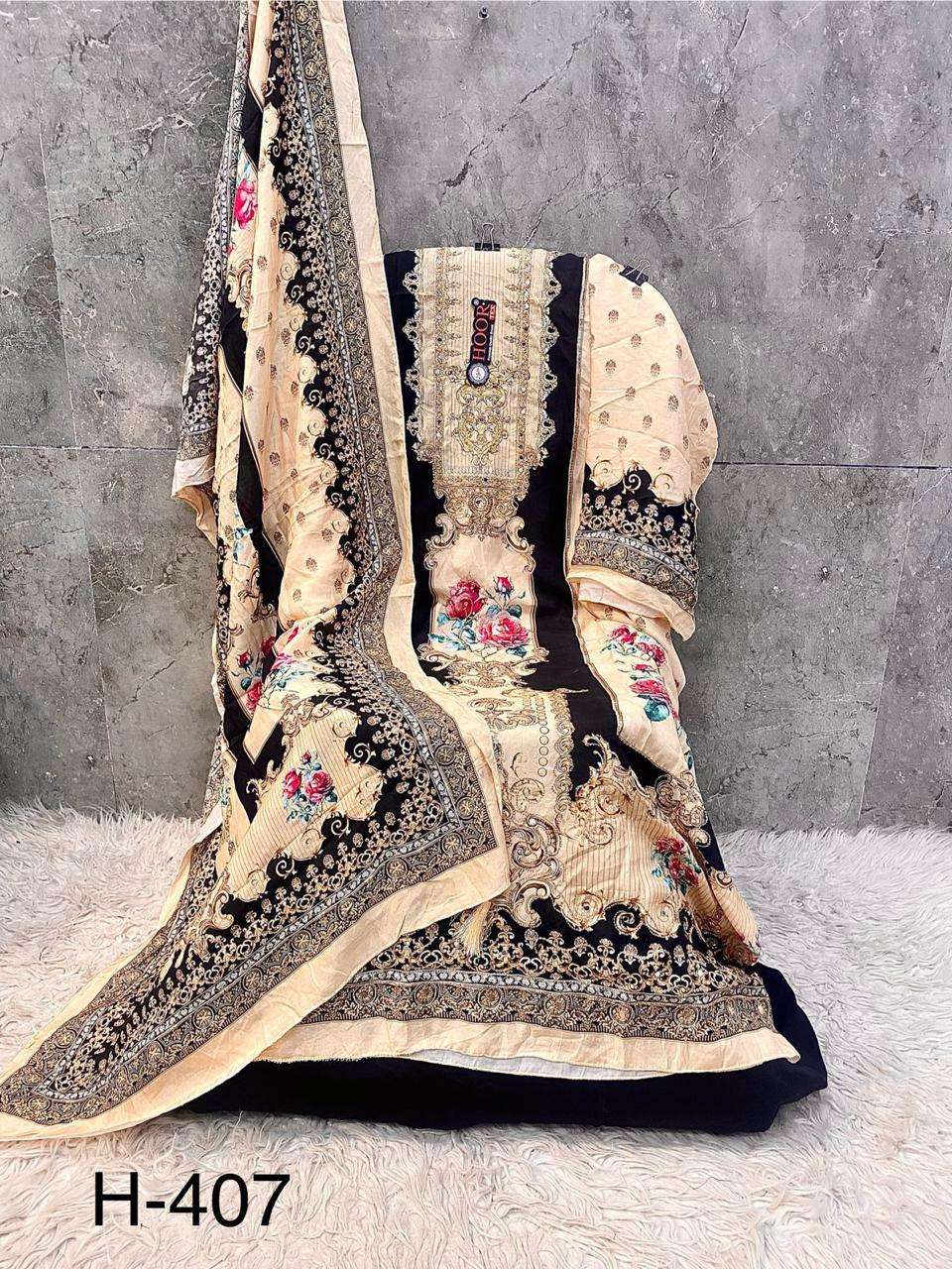 H 405 - 413 Hoor Tex Muslin Pakistani Readymade Suits Wholesale