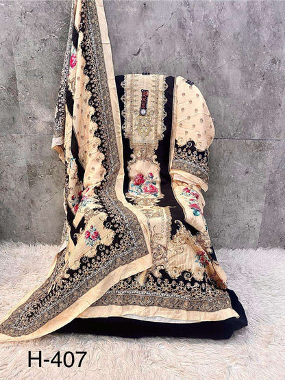 H 405 - 413 Hoor Tex Muslin Pakistani Readymade Suits Wholesale