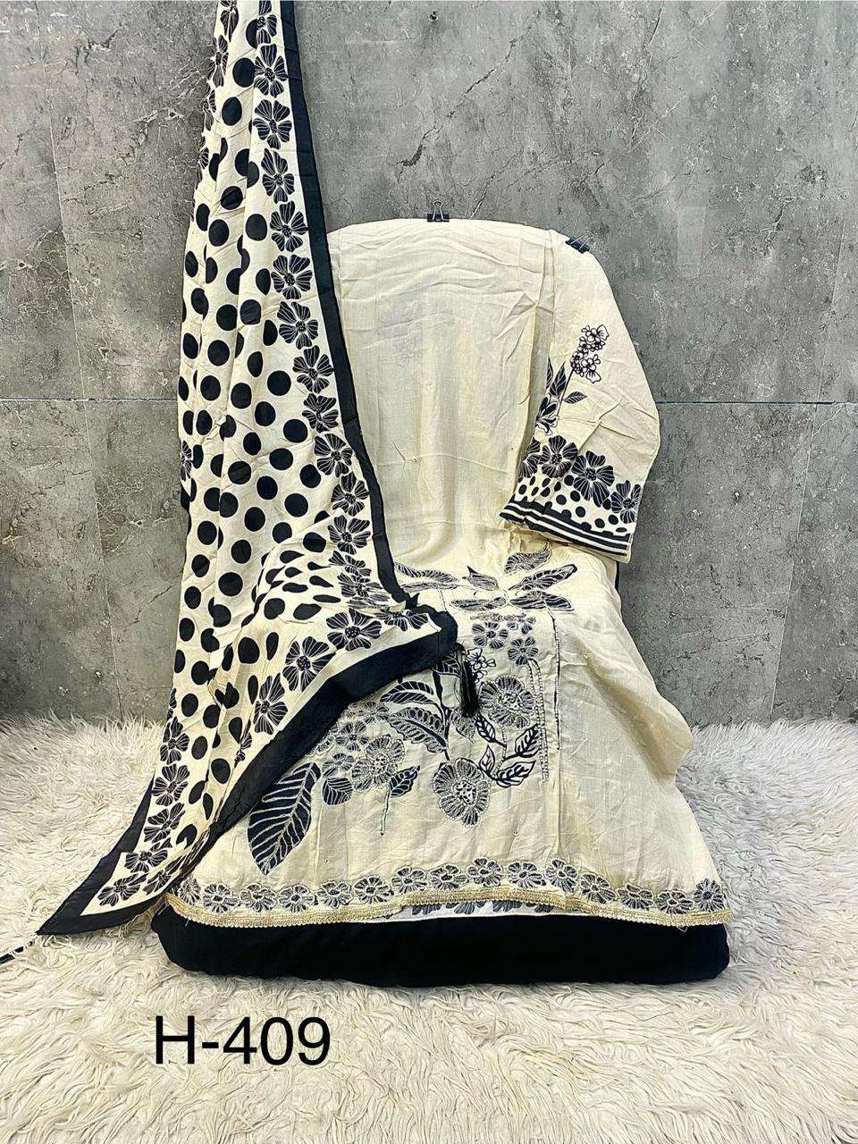 H 405 - 413 Hoor Tex Muslin Pakistani Readymade Suits Wholesale