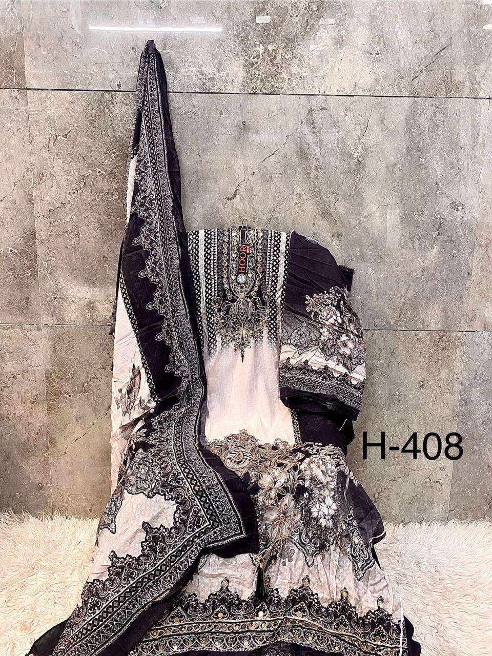 H 405 - 413 Hoor Tex Muslin Pakistani Readymade Suits Wholesale
