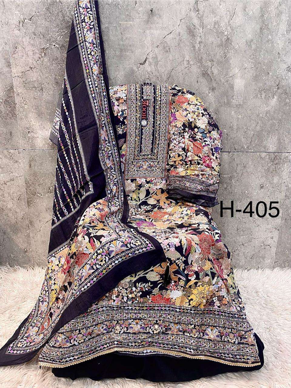 H 405 - 413 Hoor Tex Muslin Pakistani Readymade Suits Wholesale