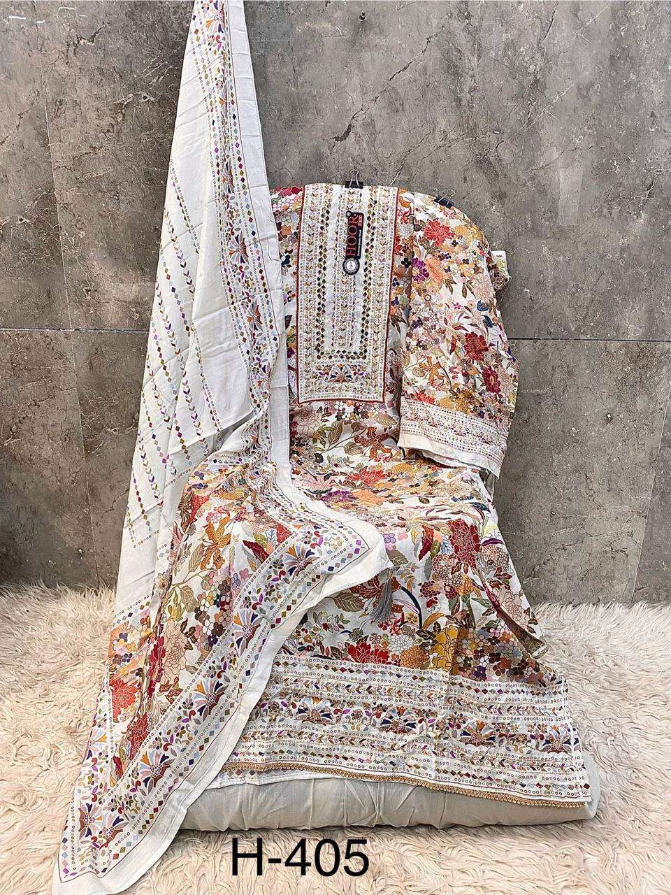 H 405 - 413 Hoor Tex Muslin Pakistani Readymade Suits Wholesale