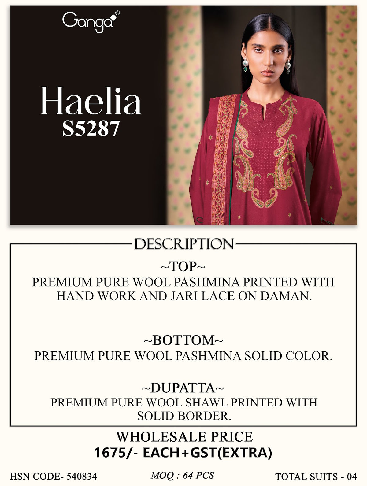 Haelia S5287 Ganga Wool Pashmina Suits Wholesale