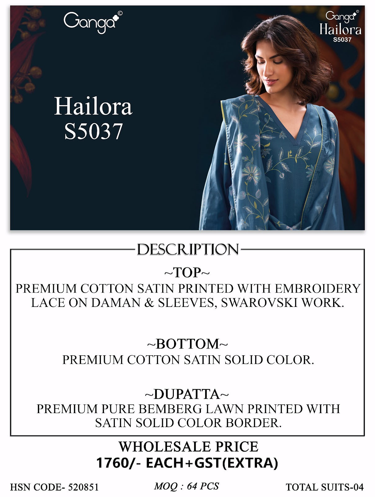 Hailora S5037 Ganga Cotton Satin Pant Style Suits Manufacturer Ahmedabad