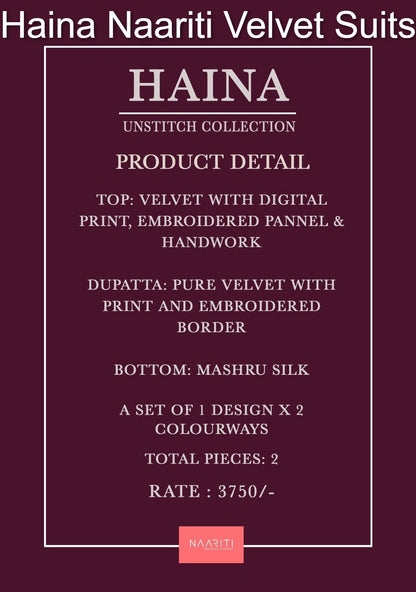 Haina Naariti Velvet Suits Wholesaler India