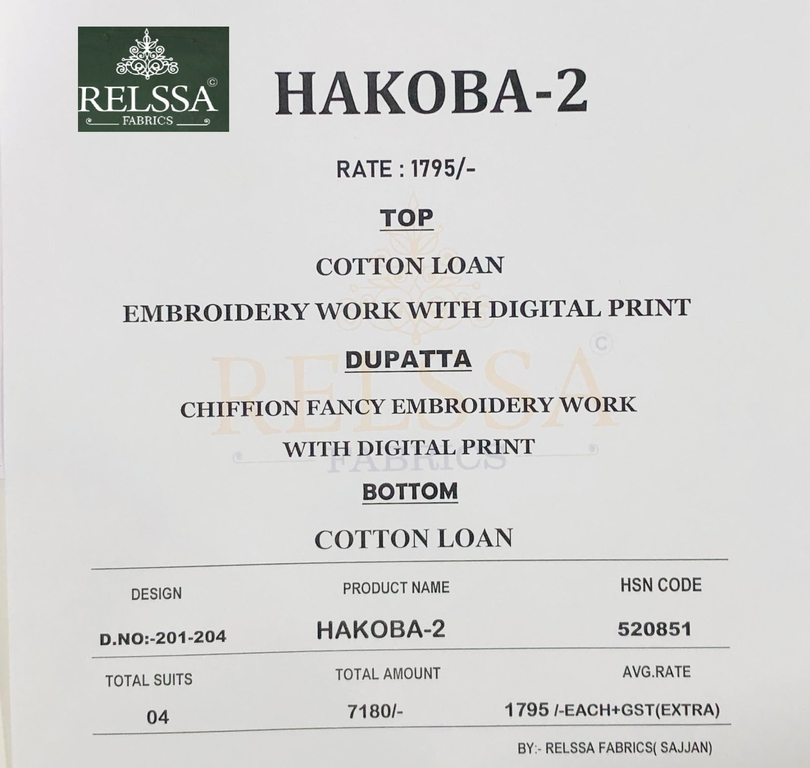 Hakoba 2 Relssa Fabrics Cotton Lawn Pant Style Suits Supplier Ahmedabad