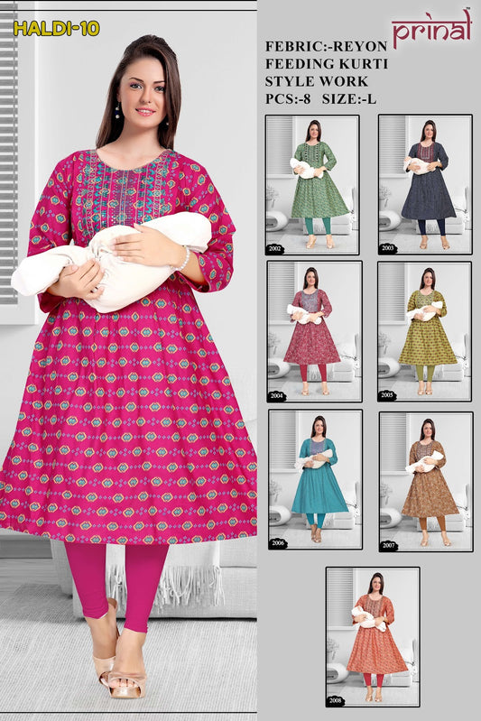 Haldi 10 Prinal Reyon Feeding Kurtis Wholesaler