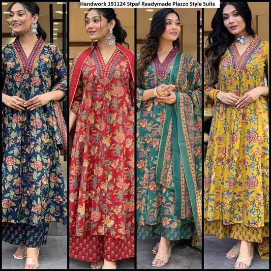 Handwork 191124 Stpaf Cotton Readymade Plazzo Style Suits Wholesale