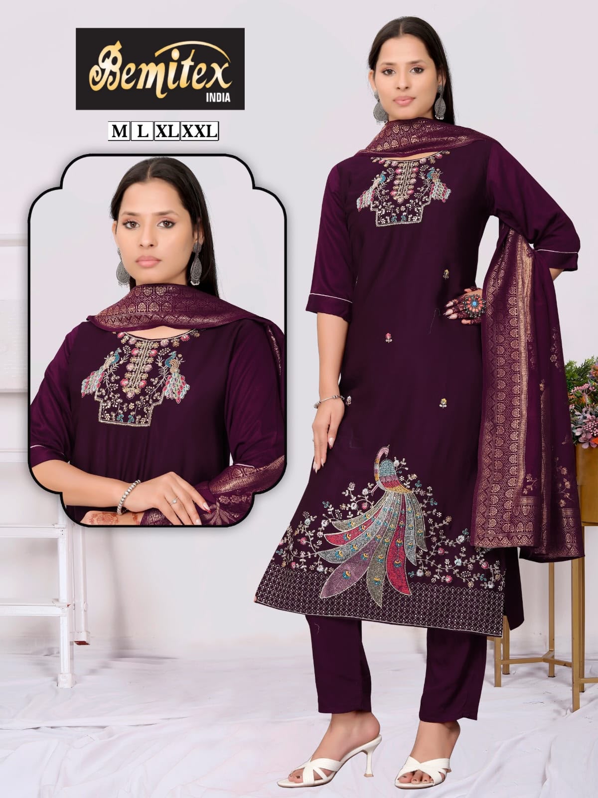 Handwork 2208 Bemitex Roman Silk Readymade Pant Style Suits Wholesale Price