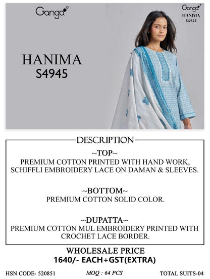 Hanima 4945 Ganga Cotton Plazzo Style Suits Exporter India