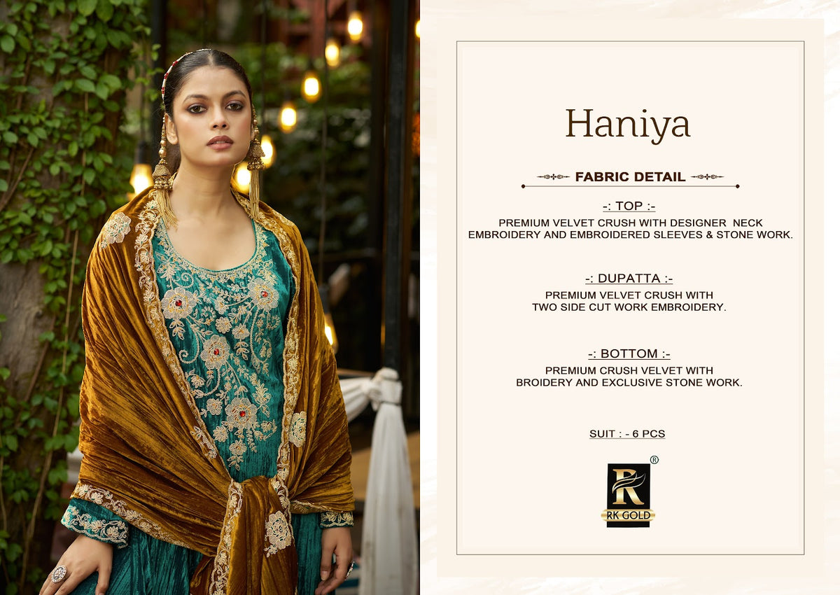 Haniya Rk Gold Crush Velvet Suits Supplier Ahmedabad