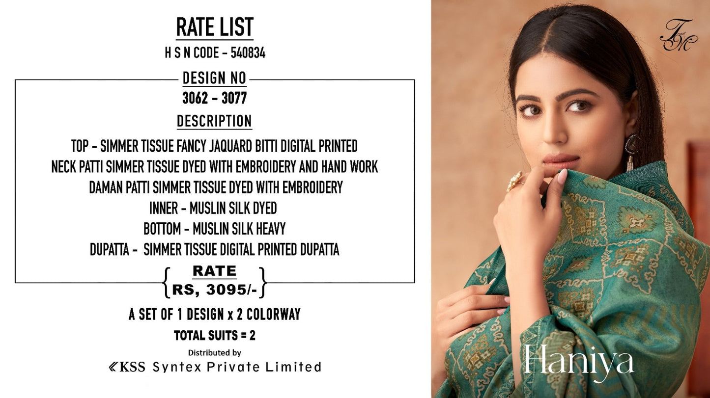Haniya Sahiba Tm Simmer Tissue Plazzo Style Suits Supplier