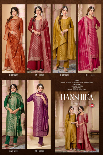 Hanshika Vol 5 Triple Aaa Muslin Jacquard Pant Style Suits Wholesale