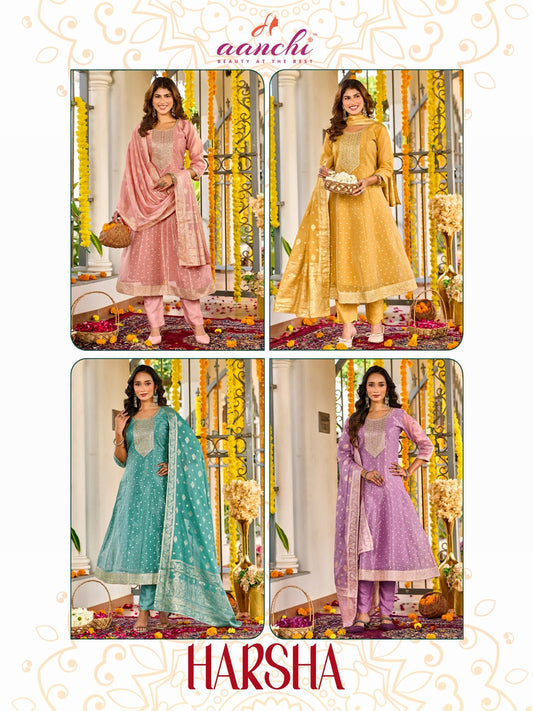 Harsha Aanchi Tissue Jacquard Readymade Anarkali Suits Manufacturer Gujarat