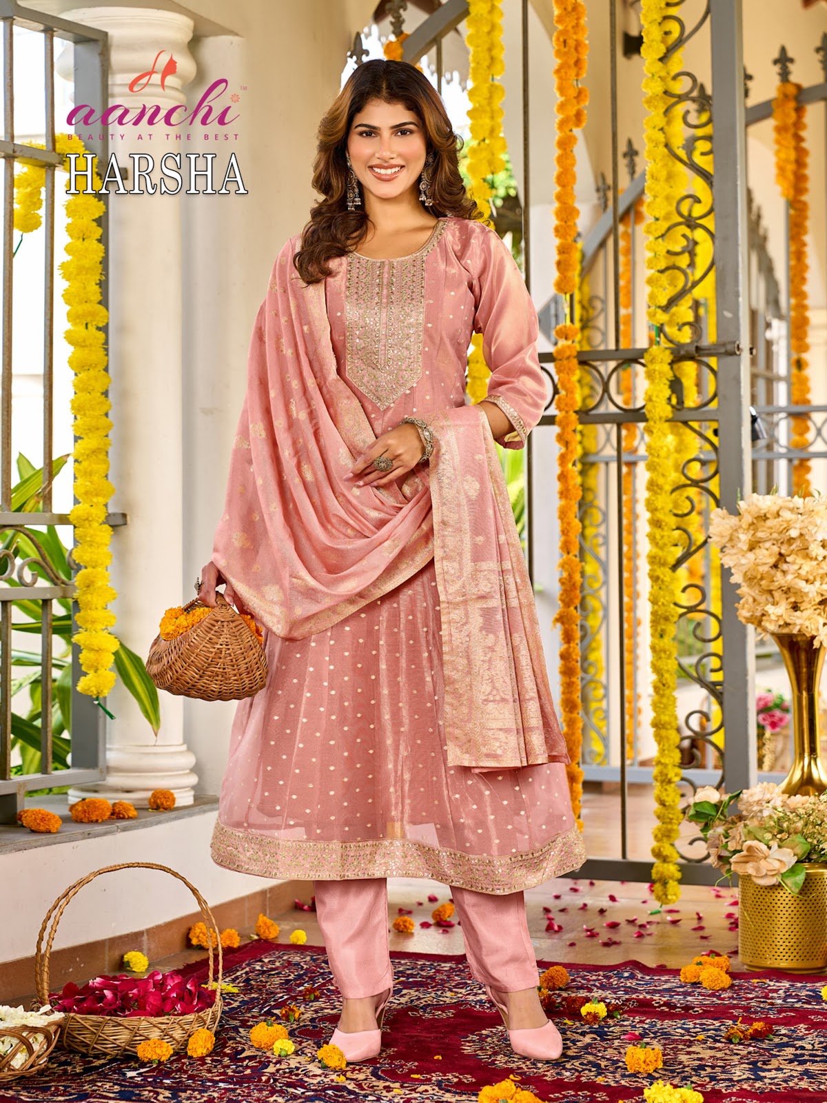 Harsha Aanchi Tissue Jacquard Readymade Anarkali Suits Manufacturer Gujarat