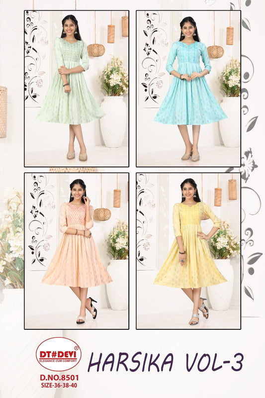 Harsika Vol 3 8501 Dt Devi Rayon Slub Anarkali Kurtis Exporter Gujarat