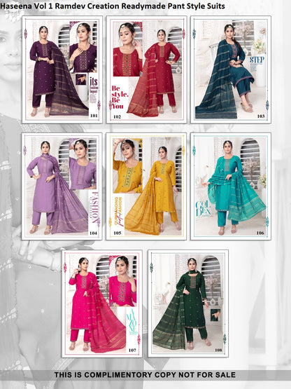 Haseena Vol 1 Ramdev Creation Silk Readymade Pant Style Suits Exporter Gujarat