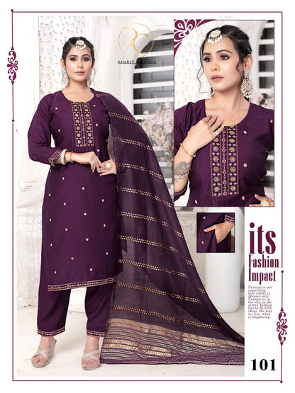 Haseena Vol 1 Ramdev Creation Silk Readymade Pant Style Suits Exporter Gujarat