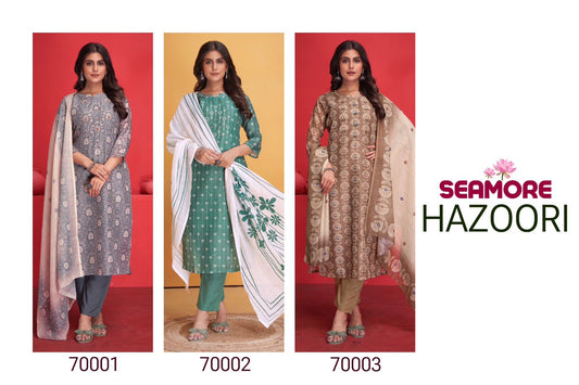 Hazoori Seamore Art Silk Readymade Pant Style Suits Exporter India