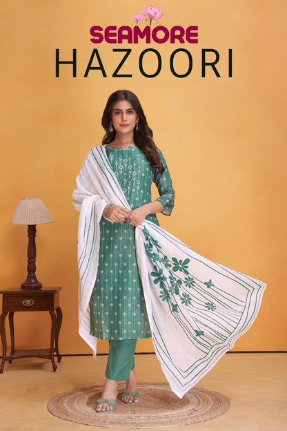 Hazoori Seamore Art Silk Readymade Pant Style Suits Exporter India