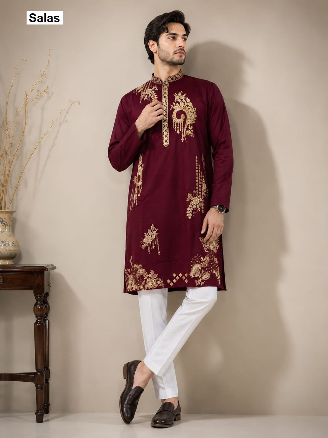 Heavy Embroidery 1209 Salas Premium Lachka Mens Kurta Pajama Wholesale Price