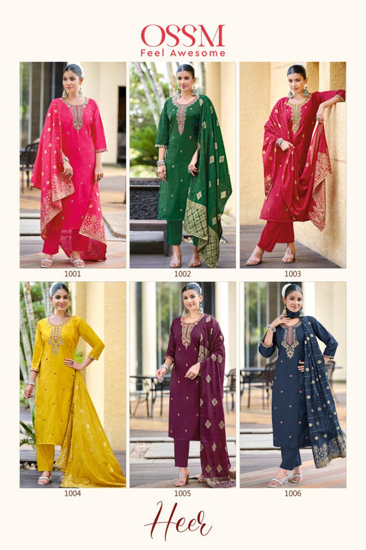 Heer Ossm Roman Silk Readymade Pant Style Suits Supplier India