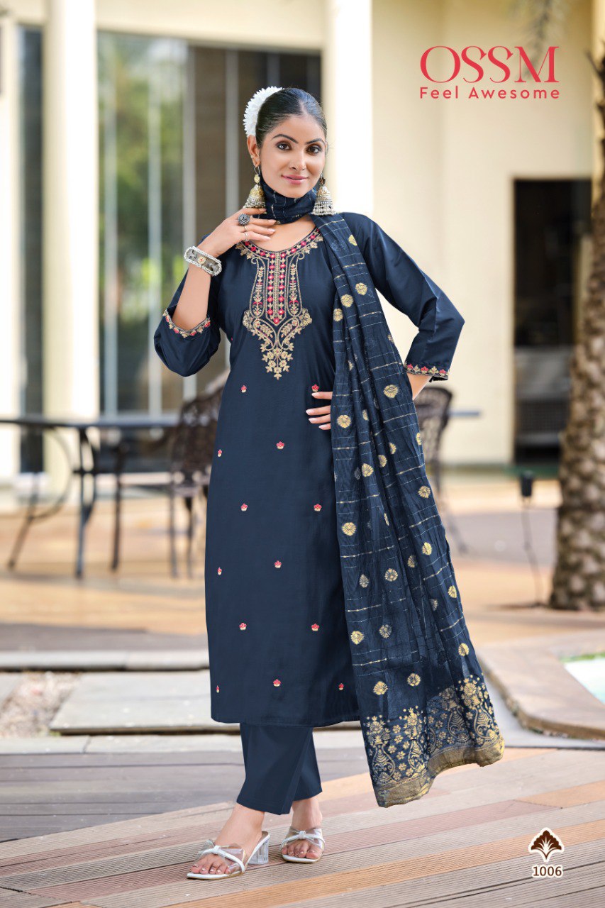 Heer Ossm Roman Silk Readymade Pant Style Suits Supplier India