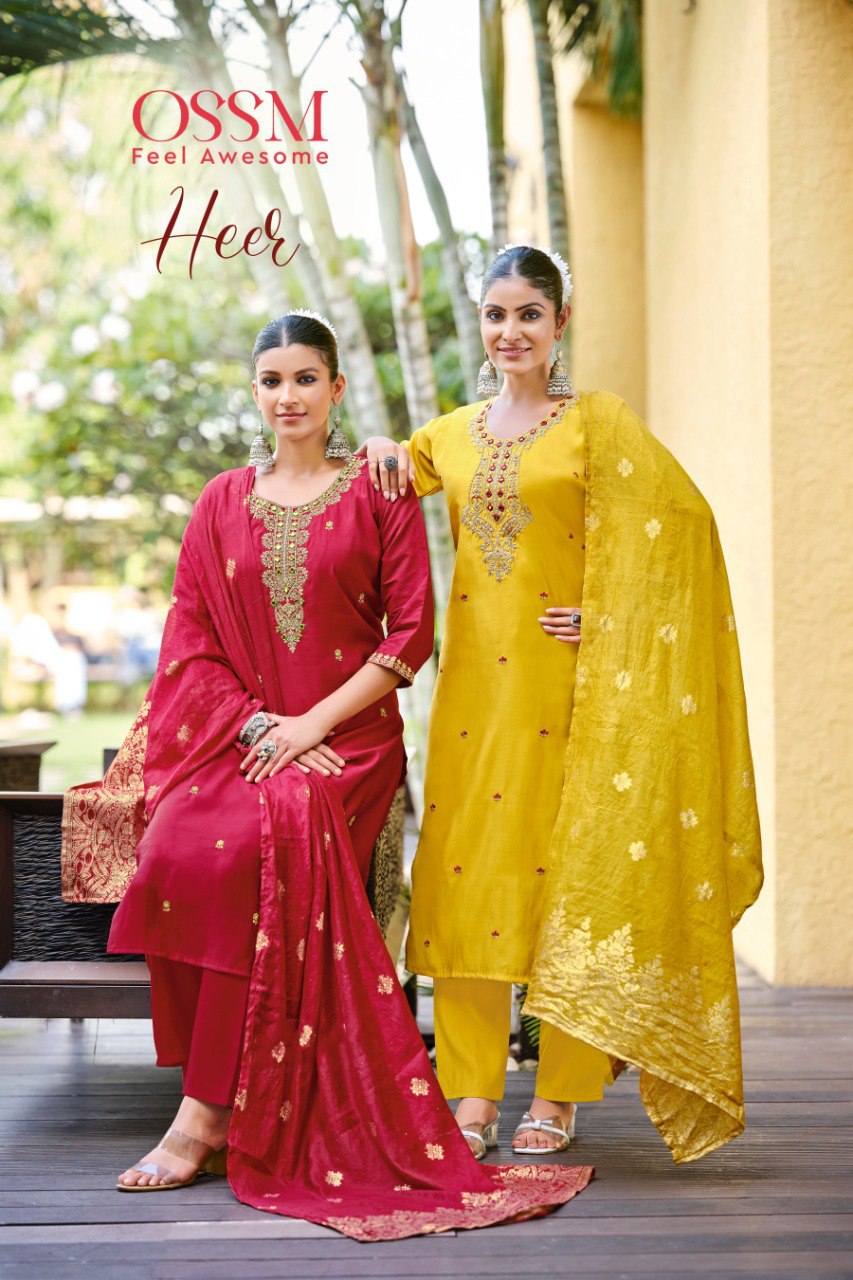 Heer Ossm Roman Silk Readymade Pant Style Suits Supplier India