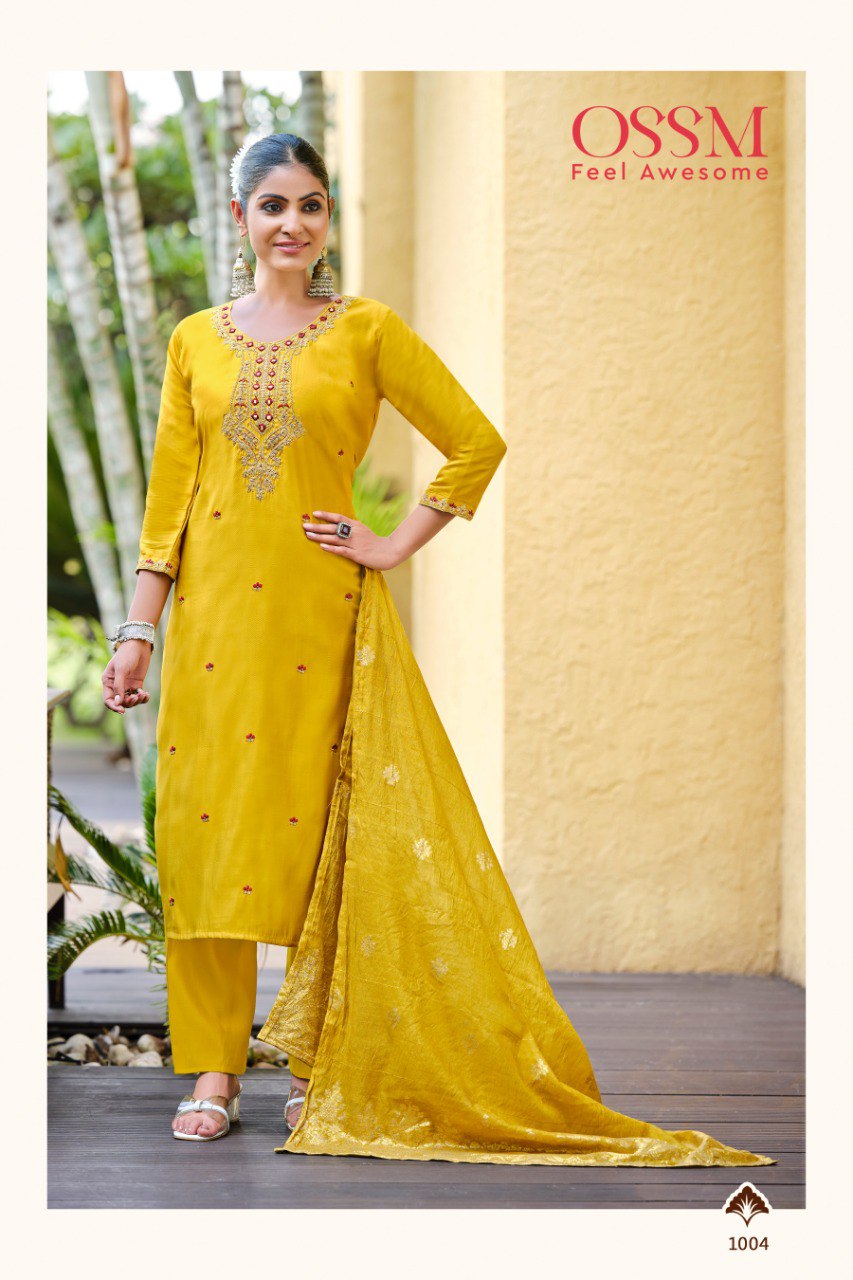 Heer Ossm Roman Silk Readymade Pant Style Suits Supplier India