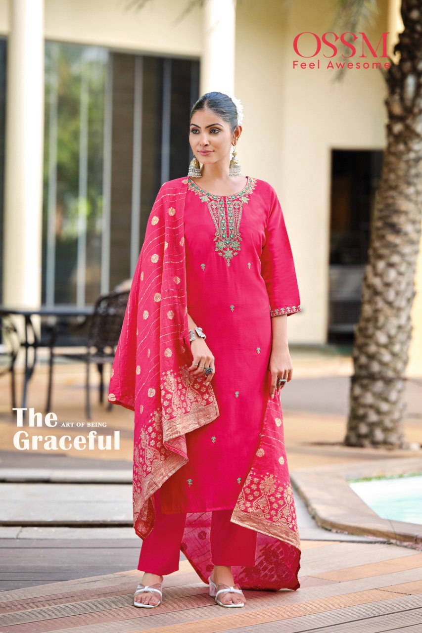 Heer Ossm Roman Silk Readymade Pant Style Suits Supplier India