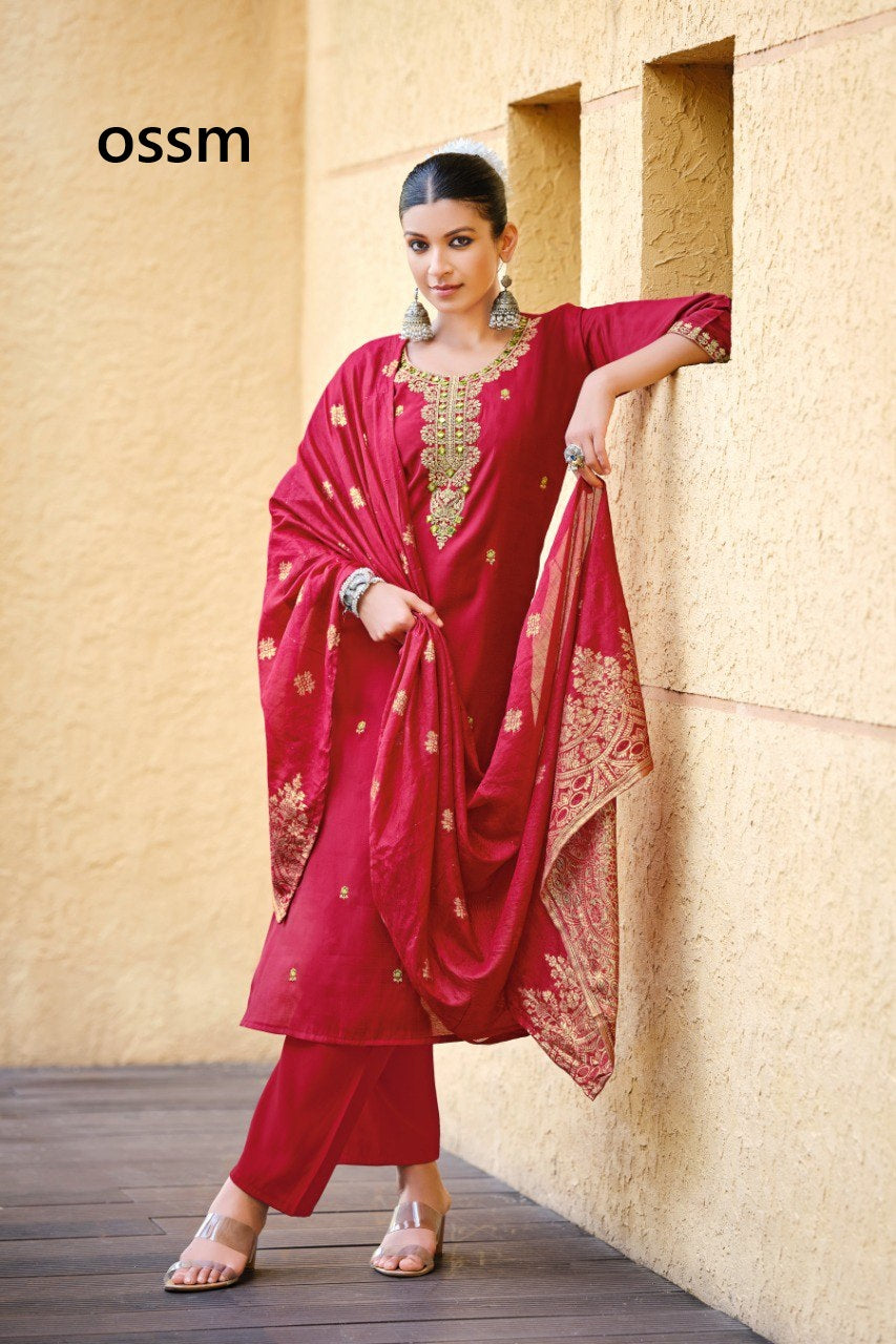 Heer Ossm Roman Silk Readymade Pant Style Suits Supplier India