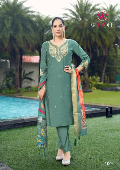 Heer Woodee Viscose Readymade Pant Style Suits Wholesale