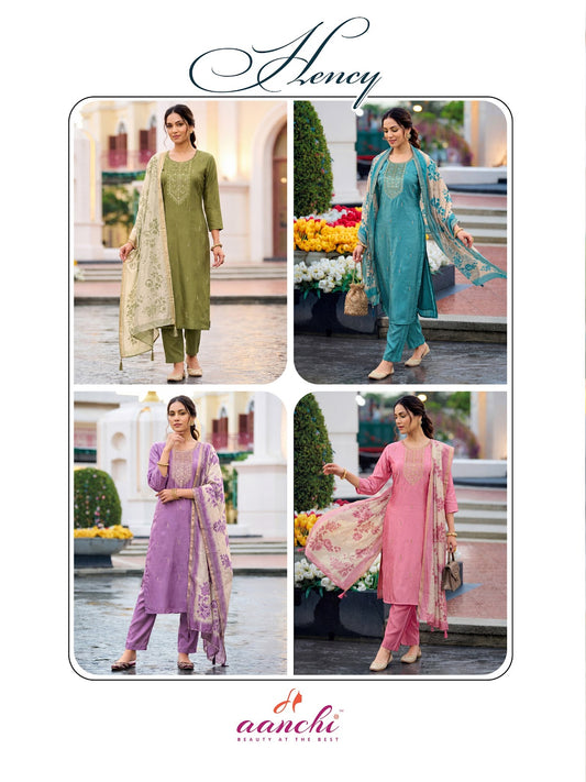 Hency Aanchi Silk Readymade Pant Style Suits Supplier Ahmedabad