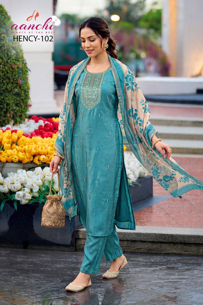 Hency Aanchi Silk Readymade Pant Style Suits Supplier Ahmedabad