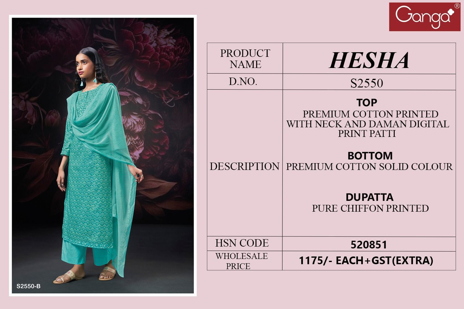 Hesha 2550 Ganga Premium Cotton Plazzo Style Suits Wholesaler Gujarat