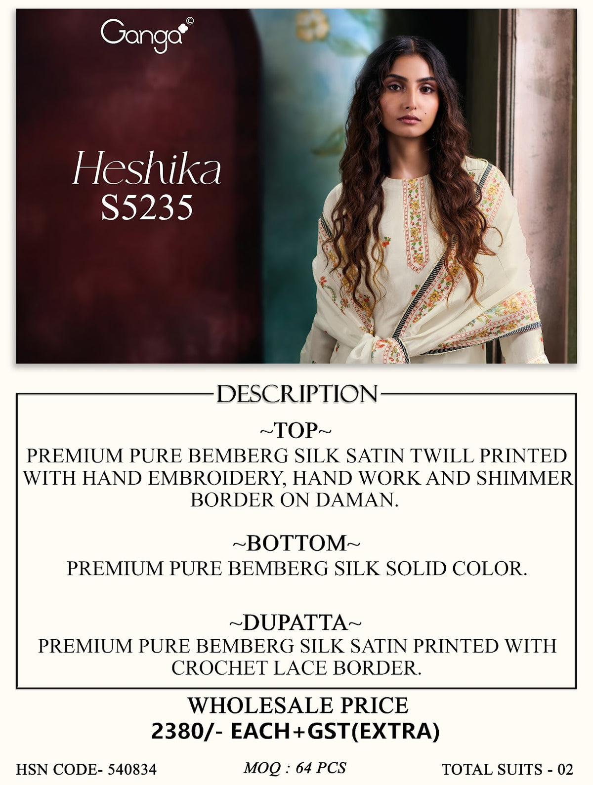 Heshika S5235 Ganga Bemberg Silk Plazzo Style Suits Wholesaler India