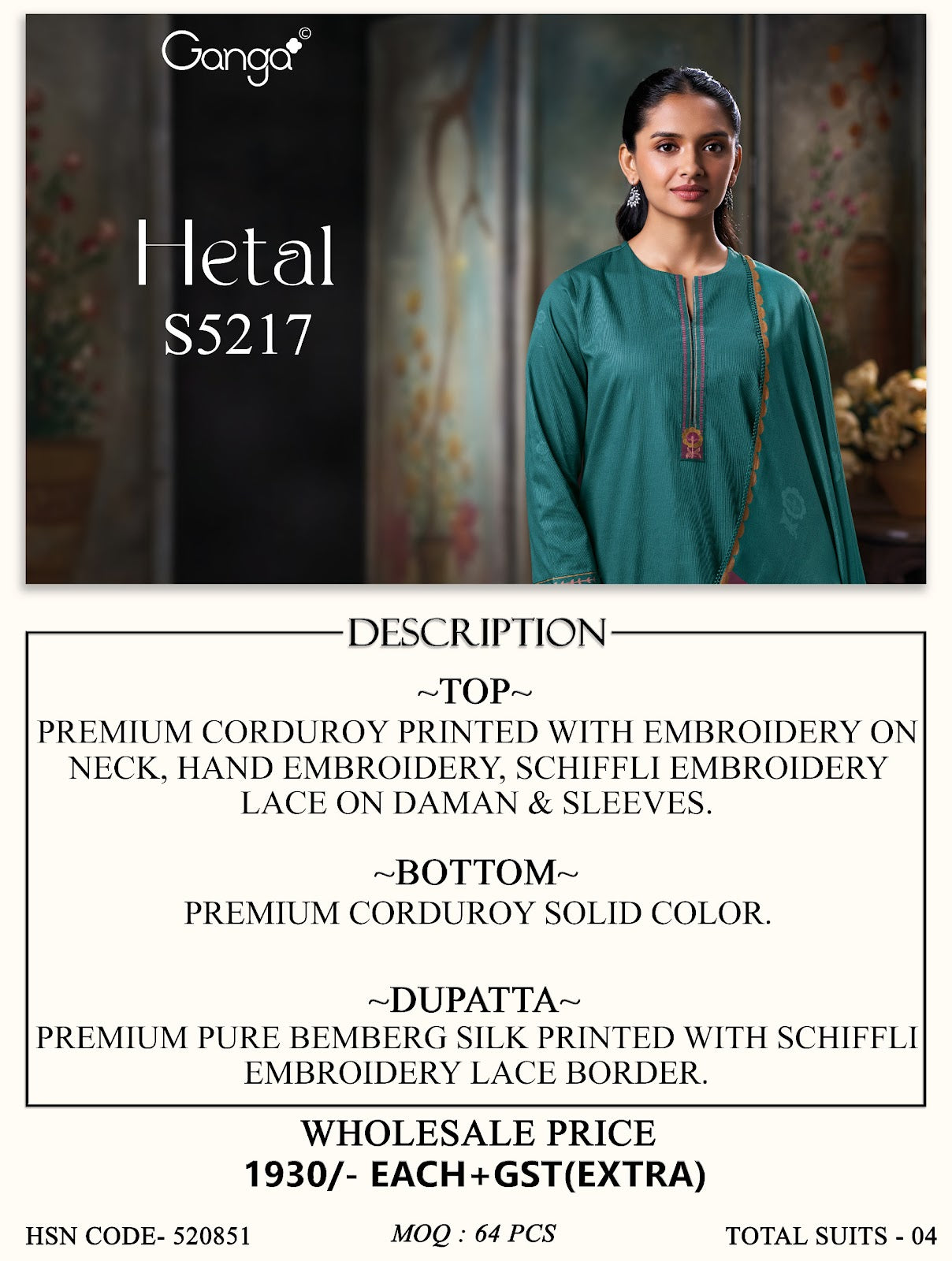 Hetal S5217 Ganga Corduroy Pant Style Suits Wholesaler India