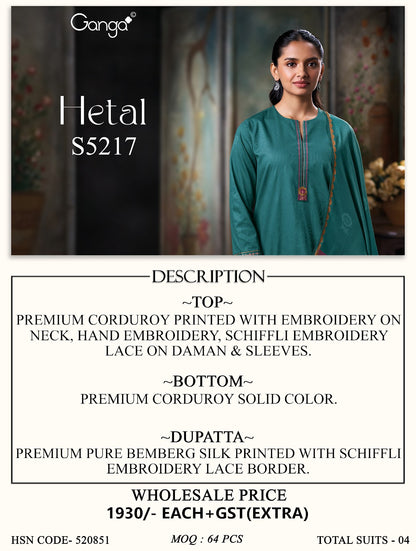 Hetal S5217 Ganga Corduroy Pant Style Suits Wholesaler India